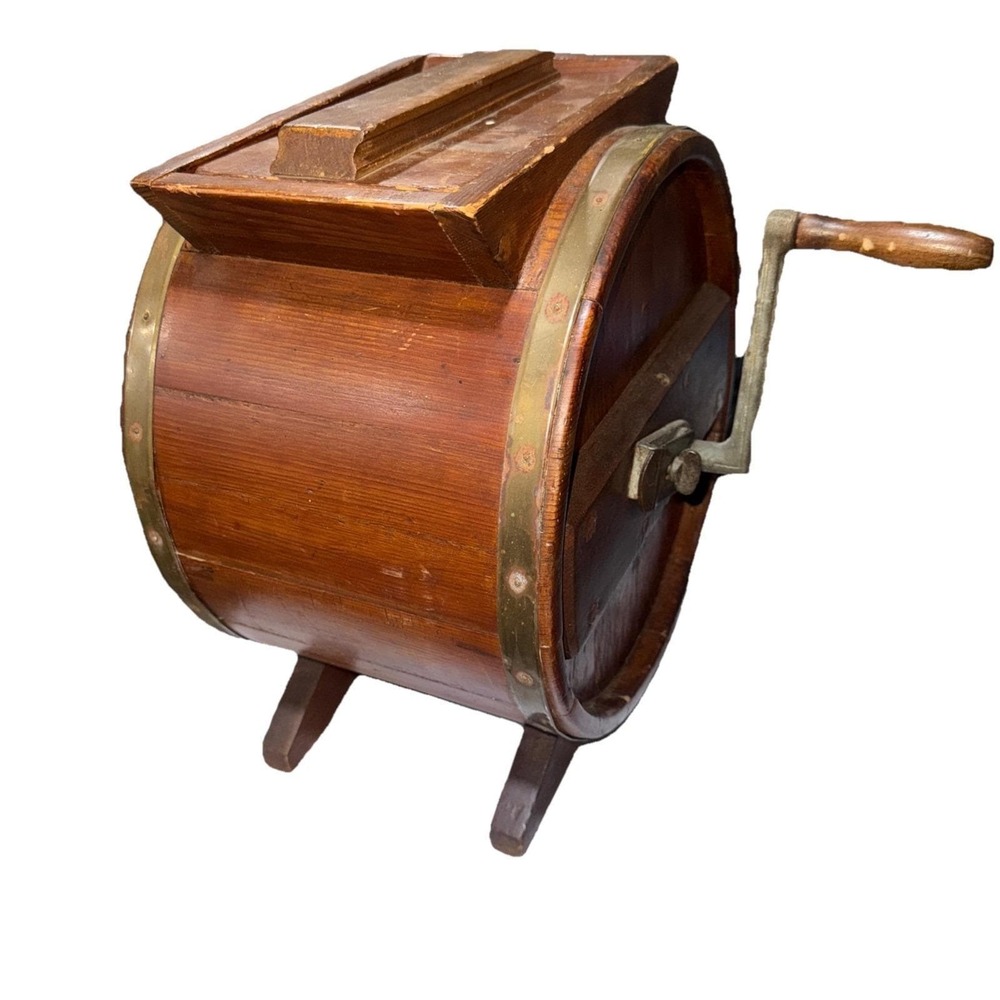 VTG ANTIQUE EARLY WOODEN TABLE TOP BARREL STYLE BUTTER CHURN‎ HAND CRANK WOOD